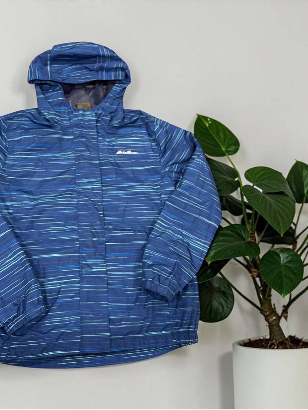 Eddie Bauer Blue Striped Hooded Kids Raincoat With Mesh Lining Size Large 14/16
